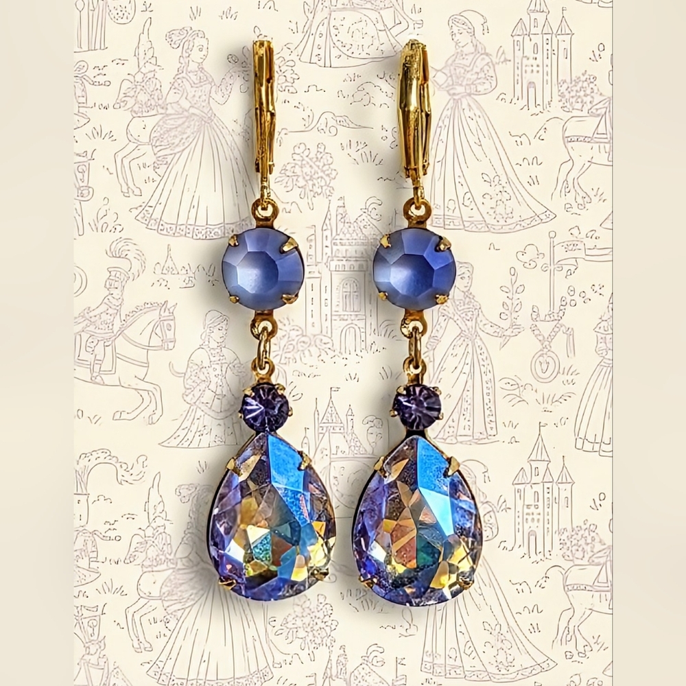 Swarovski Tanzanite Sparkles and AB Drop Down Earrings in Yellow Gold